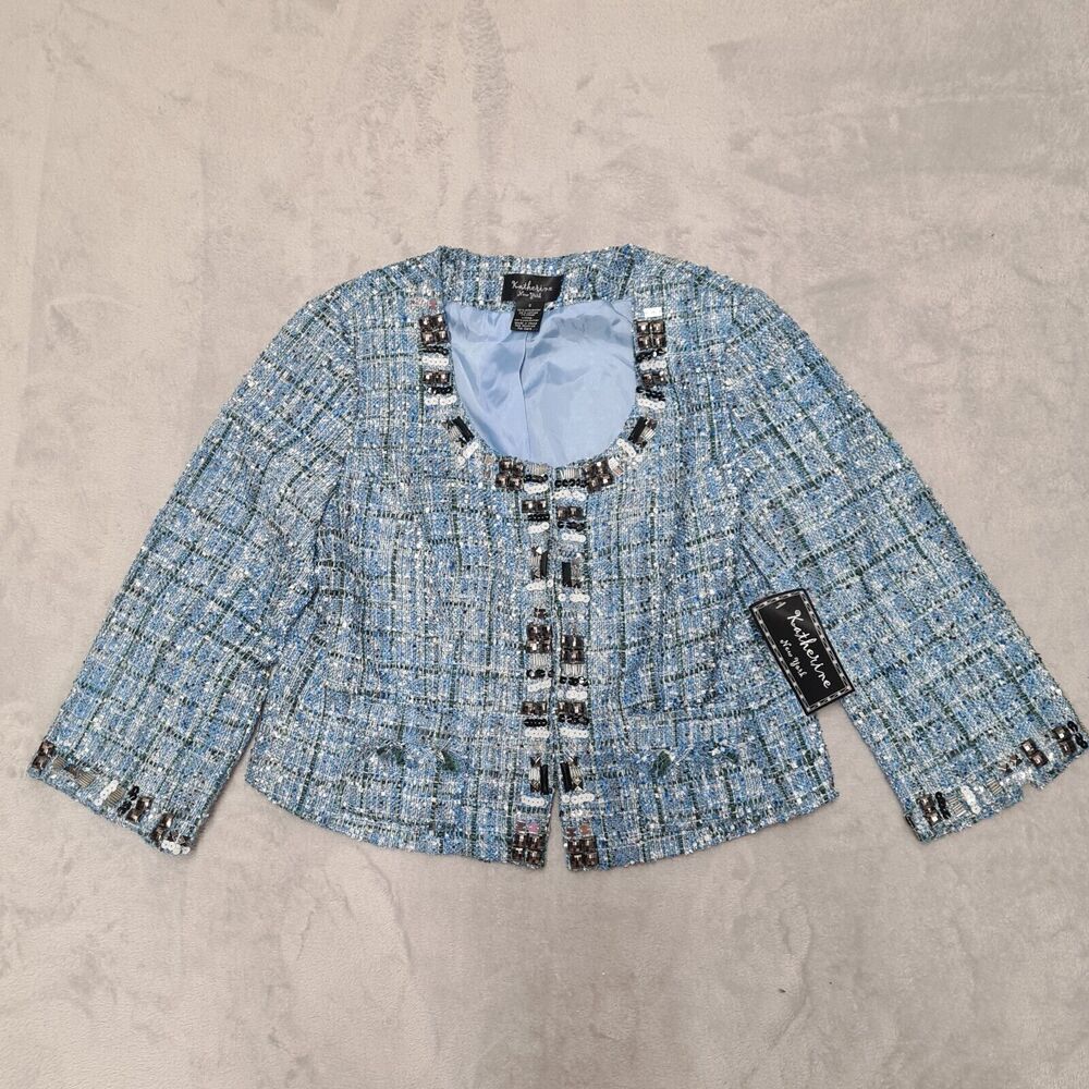 Katherine New York Tweed Cropped Blazer Jacket Women's SMALL Blue Embellished